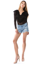Load image into Gallery viewer, L/s Lace Trim Sheer Bodysuit