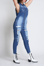 Load image into Gallery viewer, Distressed Jean Slvls Jumpsuit